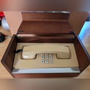 Vintage Mid Century Wooden Executive Desktop Push Button Stowaway Hidden Phone